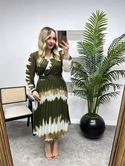 Haki Desenli Piliseli Şifon Elbise