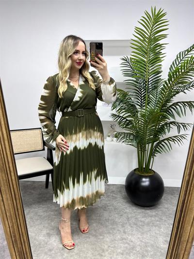 Haki Desenli Piliseli Şifon Elbise