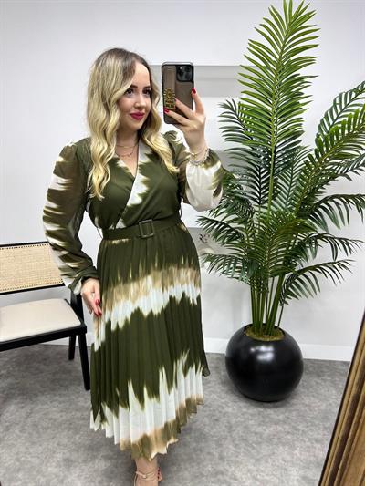 Haki Desenli Piliseli Şifon Elbise