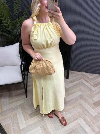 Halter Yaka Bağlama Detaylı Keten Elbise Sarı