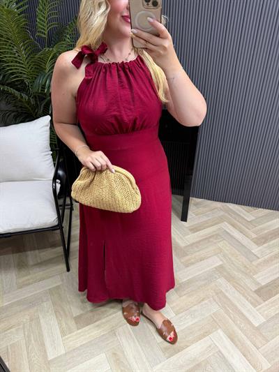 Halter Yaka Bağlama Detaylı Keten Elbise Kırmızı