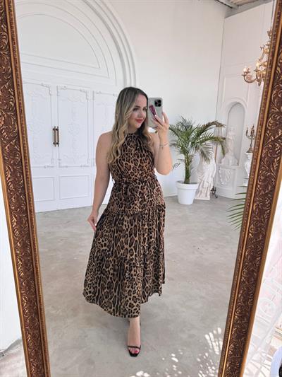 Halter Yaka Beli Lastıklı Leopar Elbise