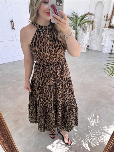 Halter Yaka Beli Lastıklı Leopar Elbise