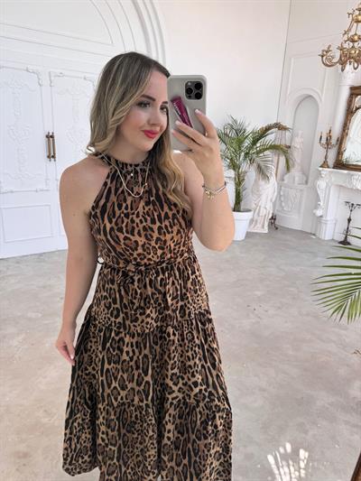 Halter Yaka Beli Lastıklı Leopar Elbise