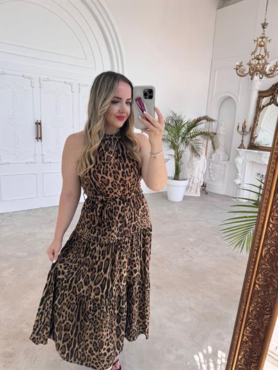 Halter Yaka Beli Lastıklı Leopar Elbise