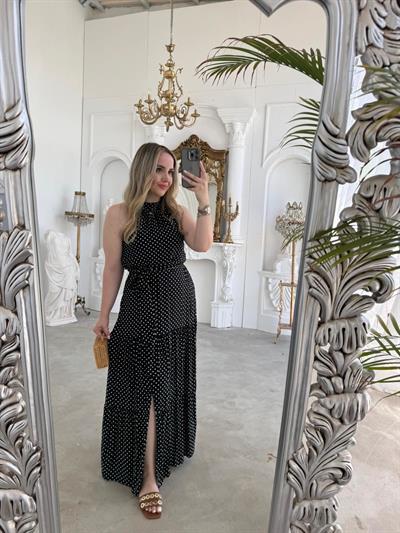 Halter Yaka Beli Lastıklı Puantiye Tasarım Elbise Siyah