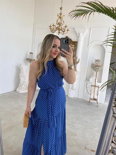 Halter Yaka Beli Lastıklı Puantiye Tasarım Elbise Saks Mavi