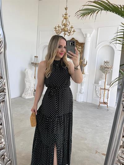 Halter Yaka Beli Lastıklı Puantiye Tasarım Elbise Siyah