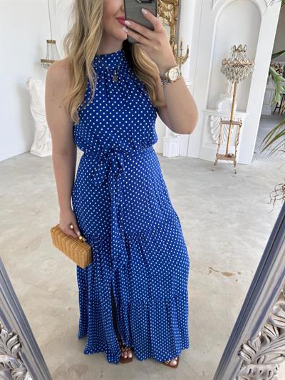 Halter Yaka Beli Lastıklı Puantiye Tasarım Elbise Saks Mavi