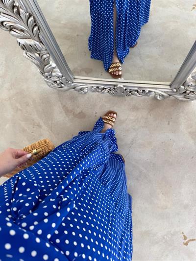 Halter Yaka Beli Lastıklı Puantiye Tasarım Elbise Saks Mavi