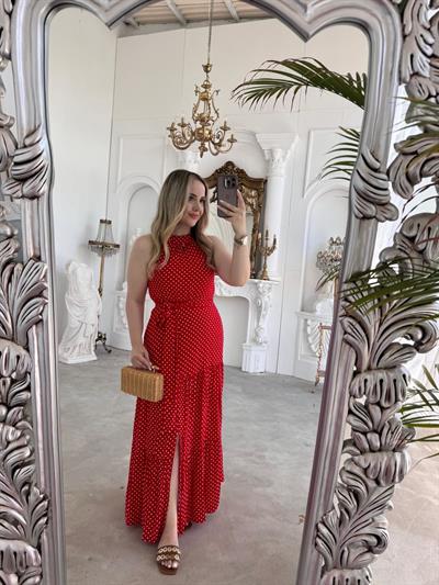 Halter Yaka Beli Lastıklı Puantiye Tasarım Elbise Kırmızı