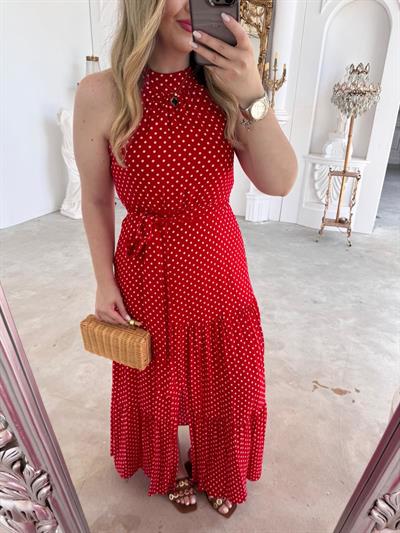 Halter Yaka Beli Lastıklı Puantiye Tasarım Elbise Kırmızı