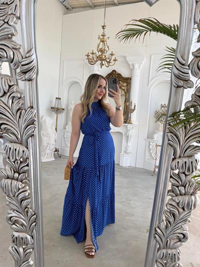 Halter Yaka Beli Lastıklı Puantiye Tasarım Elbise Saks Mavi