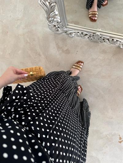 Halter Yaka Beli Lastıklı Puantiye Tasarım Elbise Siyah