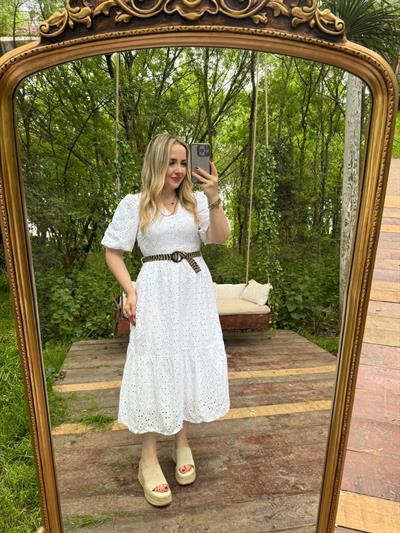 Hasir Kemerli Fisto Beyaz Elbise