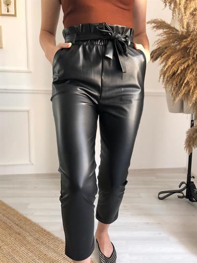 Havuç Model Beli Lastikli Deri Pantolon  Siyah