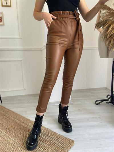 Havuç Model Beli Lastikli Deri Pantolon Taba