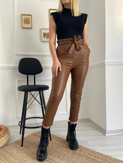 Havuç Model Beli Lastikli Deri Pantolon Taba