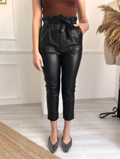 Havuç Model Beli Lastikli Deri Pantolon  Siyah