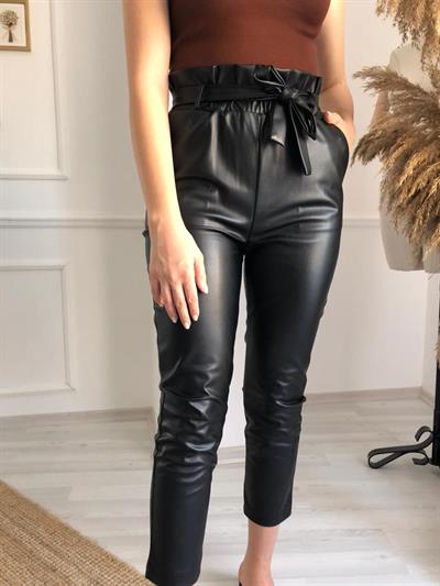 Havuç Model Beli Lastikli Deri Pantolon  Siyah