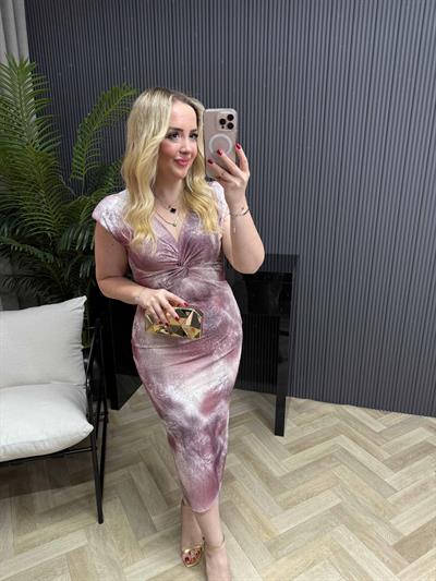 Hazel Vatkalı Düğüm Detaylı Elbise Pembe