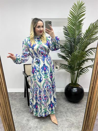 Helen Model İpek Saten Mavi Desenli Elbise