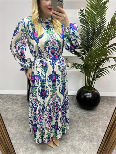 Helen Model İpek Saten Mavi Desenli Elbise