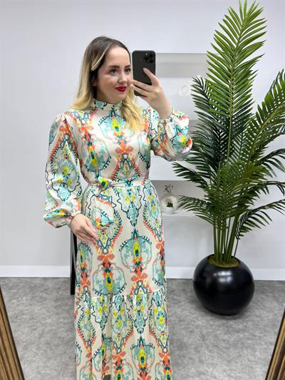 Helen Model İpek Saten Turuncu Desenli