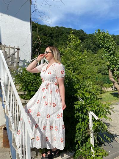 Helena Kirmizi Papatya Desen Fisto Tasarım Elbise