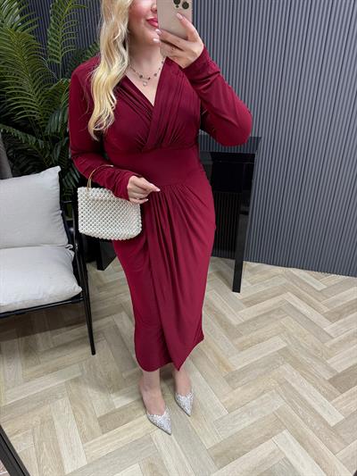 Helena Kruvaze Görünümlü Sandy Elbise Bordo