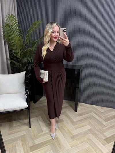 Helena Kruvaze Görünümlü Sandy Elbise Acı Kahve
