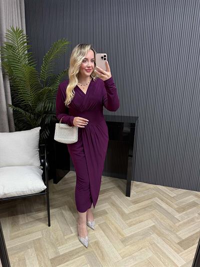 Helena Kruvaze Görünümlü Sandy Elbise Mor