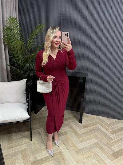 Helena Kruvaze Görünümlü Sandy Elbise Bordo