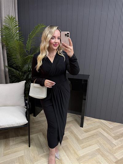 Helena Kruvaze Görünümlü Sandy Elbise Siyah