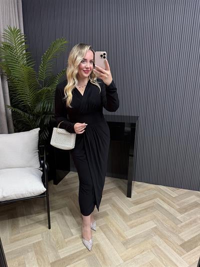 Helena Kruvaze Görünümlü Sandy Elbise Siyah