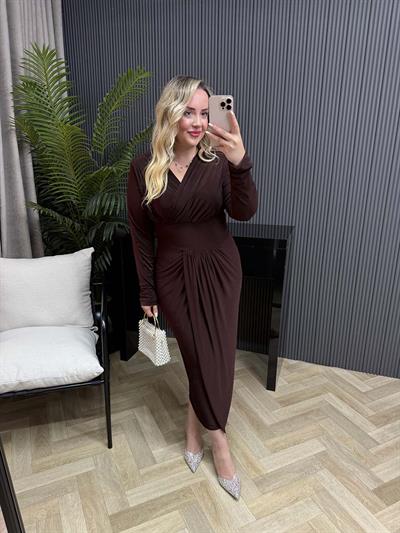 Helena Kruvaze Görünümlü Sandy Elbise Acı Kahve