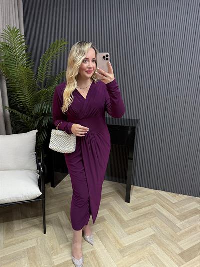 Helena Kruvaze Görünümlü Sandy Elbise Mor