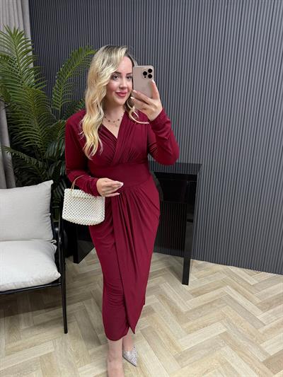 Helena Kruvaze Görünümlü Sandy Elbise Bordo
