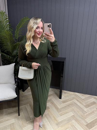 Helena Kruvaze Görünümlü Sandy Elbise Haki