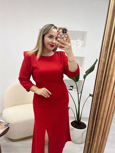 Helly Vatkalı Yarım Kol Elbise Kirmizi