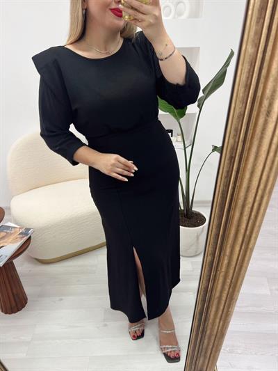 Helly Vatkalı Yarım Kol Elbise Siyah