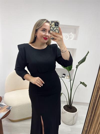 Helly Vatkalı Yarım Kol Elbise Siyah