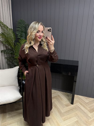 Hira Gold Detaylı Pileli Elbise Acı Kahve