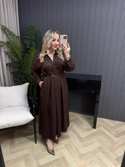 Hira Gold Detaylı Pileli Elbise Acı Kahve