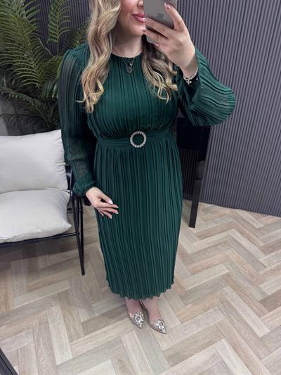 Hürrem Gümüş Tokalı Tasarım Pilise Şifon Kumaş Elbise Zümrüt