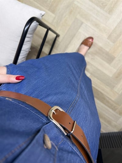 İnce Denim Kemerli Kalem Elbise Mavi