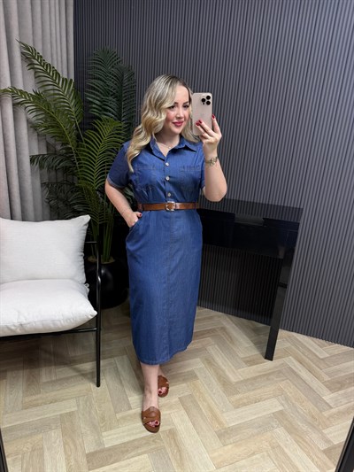 İnce Denim Kemerli Kalem Elbise Mavi