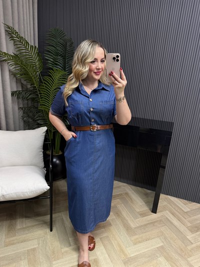 İnce Denim Kemerli Kalem Elbise Mavi