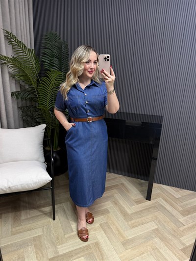 İnce Denim Kemerli Kalem Elbise Mavi