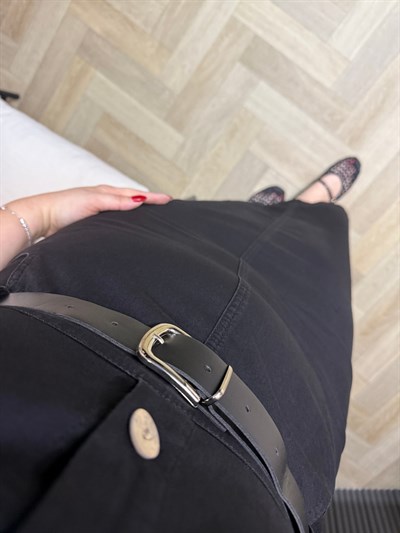 İnce Denim Kemerli Kalem Elbise Siyah